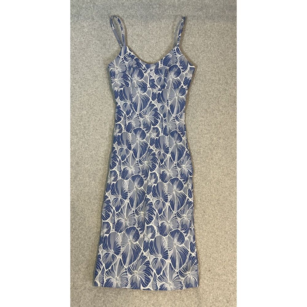 Anthropologie Blue and White Leaf Print Midi Dress